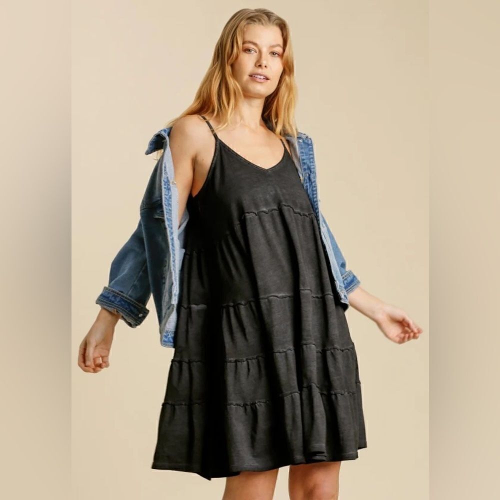 Umgee 100% Cotton Moonlit Walk Tiered Dress - Charcoal Large